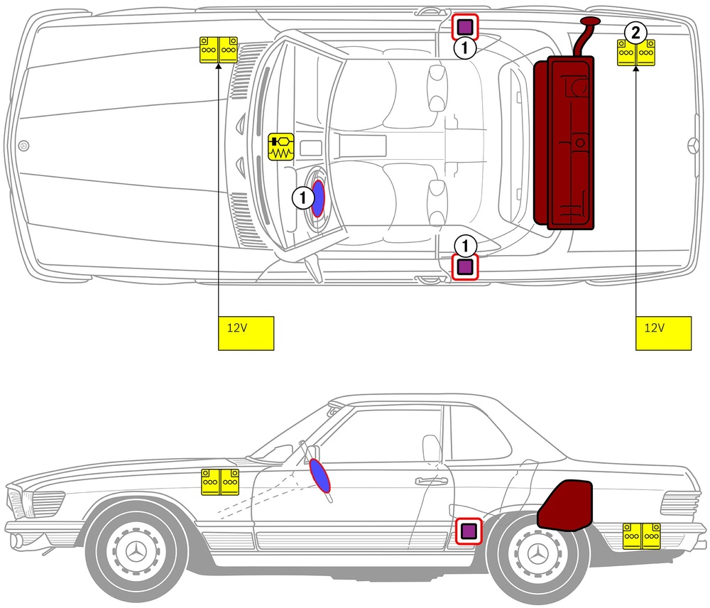 Line drawing of vehicle with markings of safety-relevant components and rescue points. 