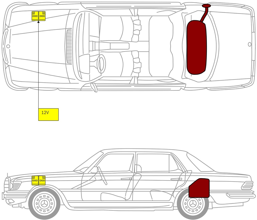 Line drawing of vehicle with markings of safety-relevant components and rescue points. 