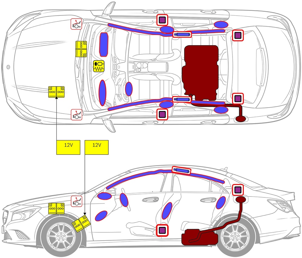 Line drawing of vehicle with markings of safety-relevant components and rescue points. 