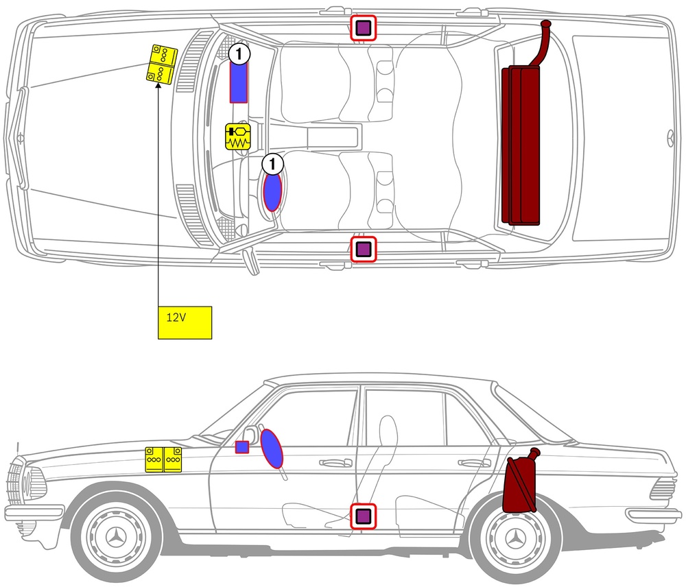 Line drawing of vehicle with markings of safety-relevant components and rescue points. 