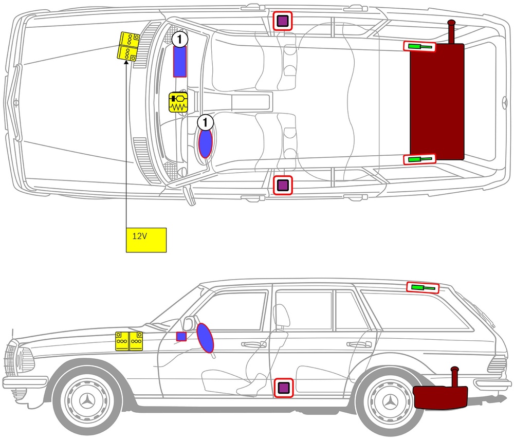 Line drawing of vehicle with markings of safety-relevant components and rescue points. 