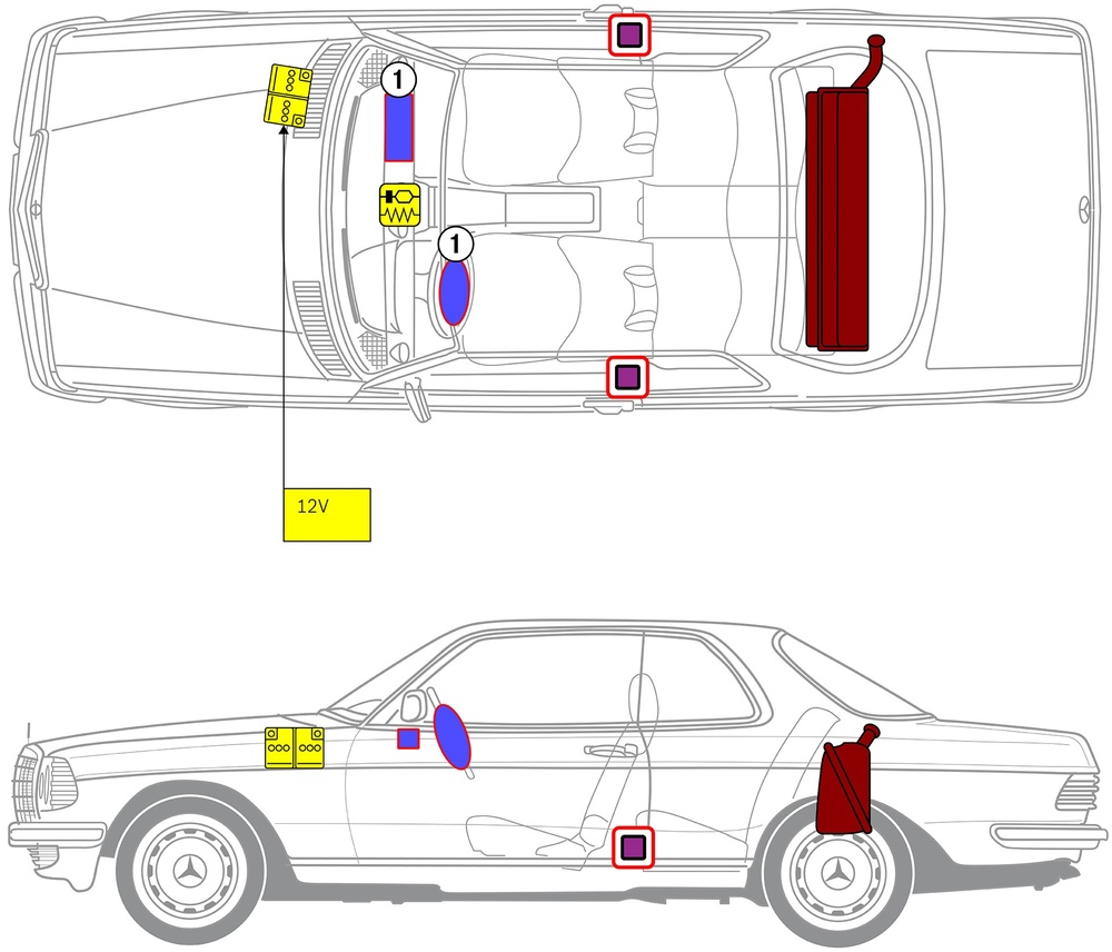 Line drawing of vehicle with markings of safety-relevant components and rescue points. 