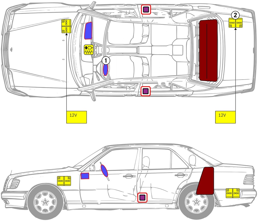 Line drawing of vehicle with markings of safety-relevant components and rescue points. 