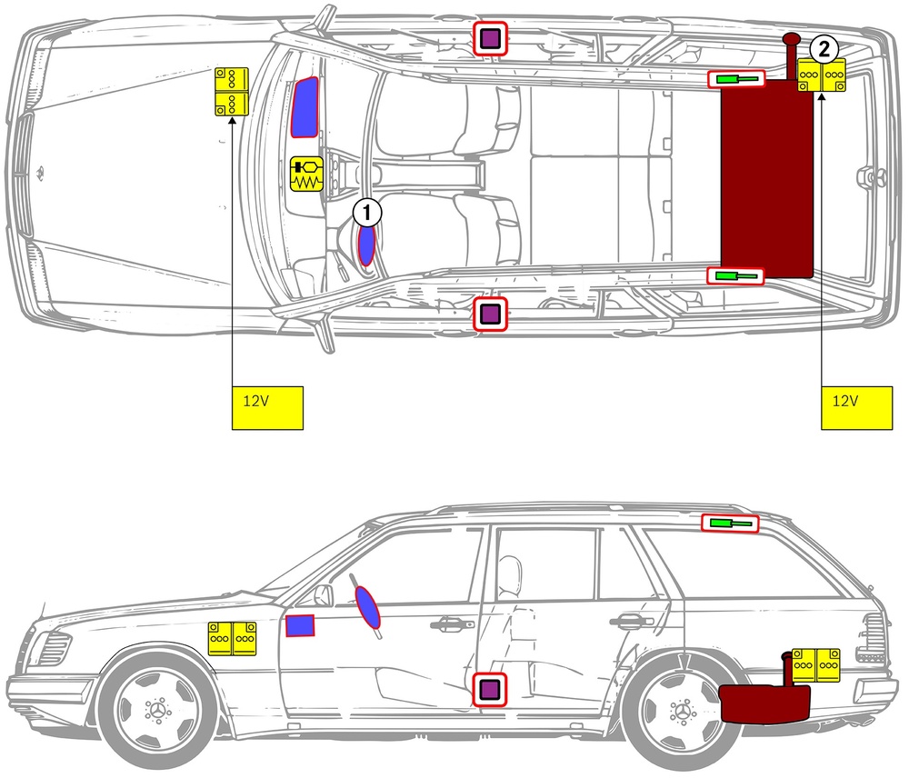 Line drawing of vehicle with markings of safety-relevant components and rescue points. 