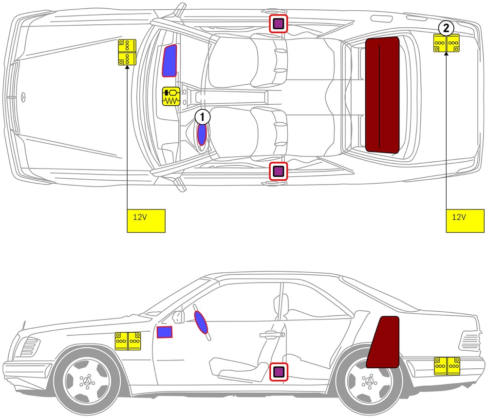Line drawing of vehicle with markings of safety-relevant components and rescue points. 