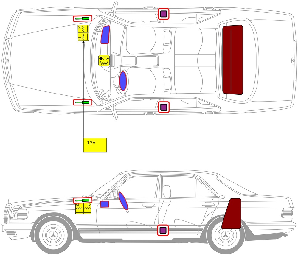 Line drawing of vehicle with markings of safety-relevant components and rescue points. 