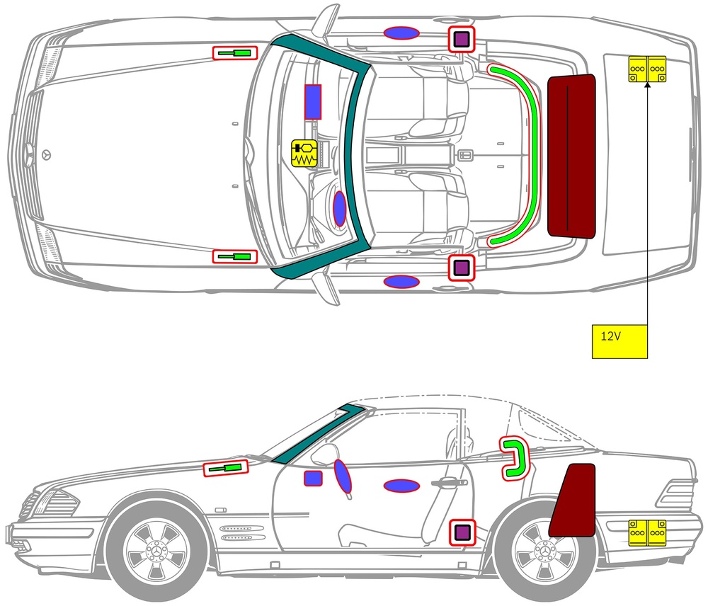 Line drawing of vehicle with markings of safety-relevant components and rescue points. 