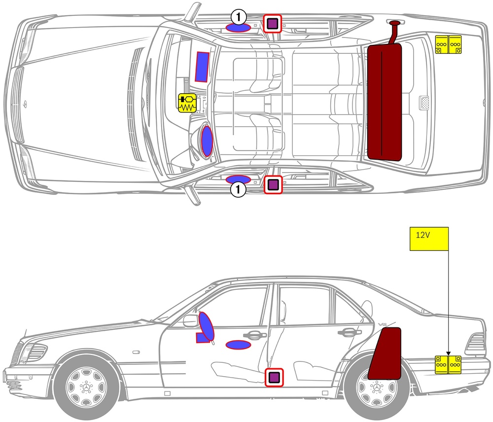 Line drawing of vehicle with markings of safety-relevant components and rescue points. 