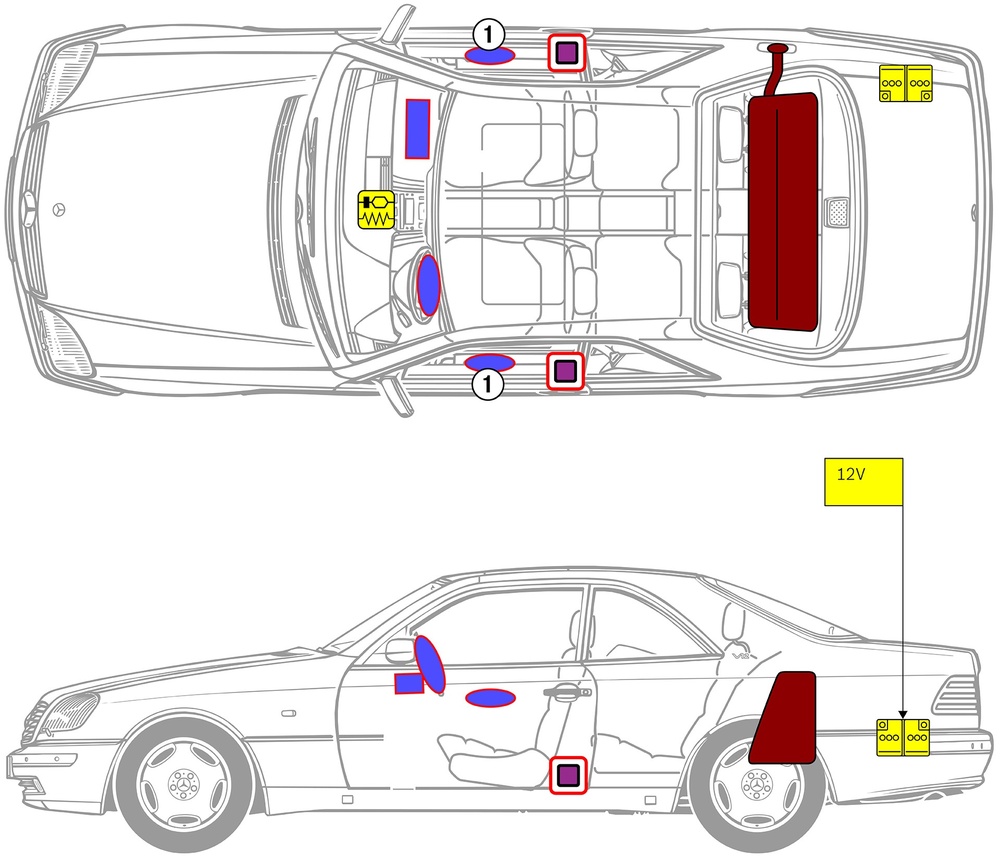 Line drawing of vehicle with markings of safety-relevant components and rescue points. 