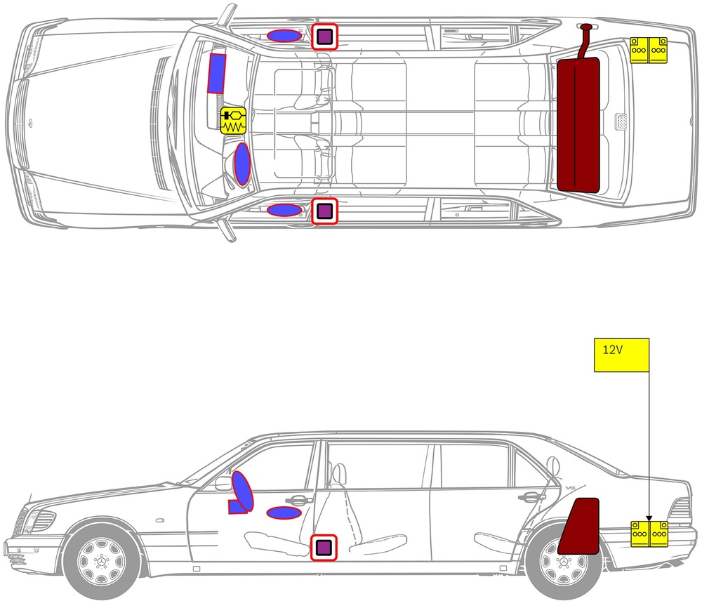 Line drawing of vehicle with markings of safety-relevant components and rescue points. 