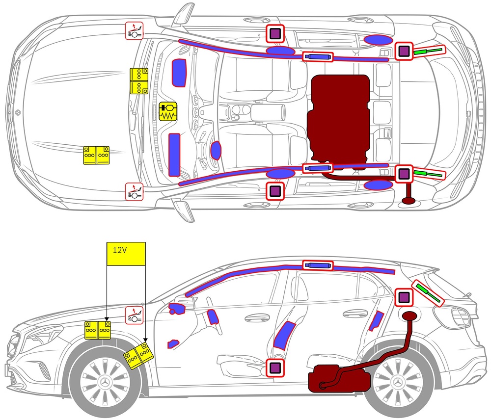 Line drawing of vehicle with markings of safety-relevant components and rescue points. 