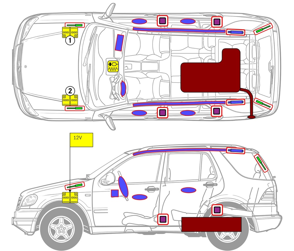 Line drawing of vehicle with markings of safety-relevant components and rescue points. 