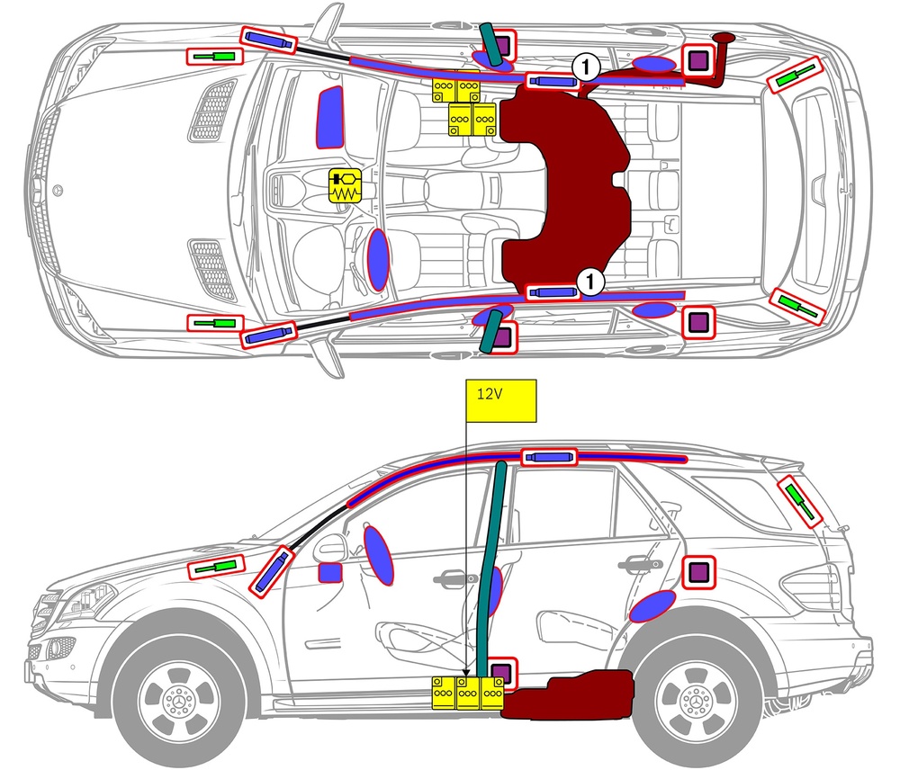 Line drawing of vehicle with markings of safety-relevant components and rescue points. 