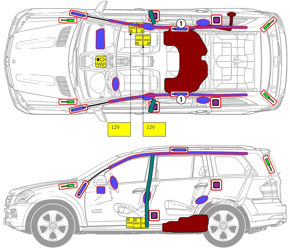 Line drawing of vehicle with markings of safety-relevant components and rescue points. 
