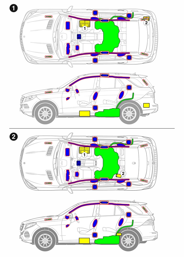Line drawing of vehicle with markings of safety-relevant components and rescue points. 