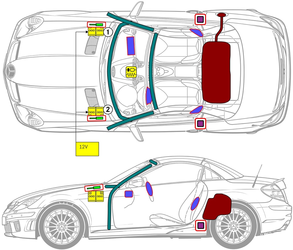 Line drawing of vehicle with markings of safety-relevant components and rescue points. 