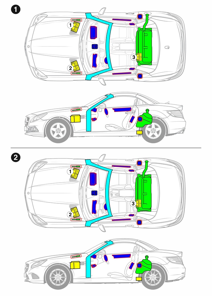 Line drawing of vehicle with markings of safety-relevant components and rescue points. 