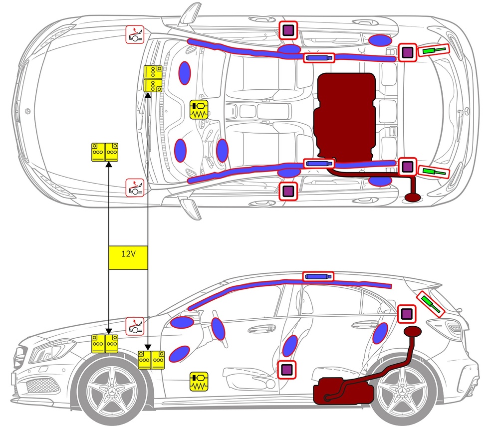 Line drawing of vehicle with markings of safety-relevant components and rescue points. 