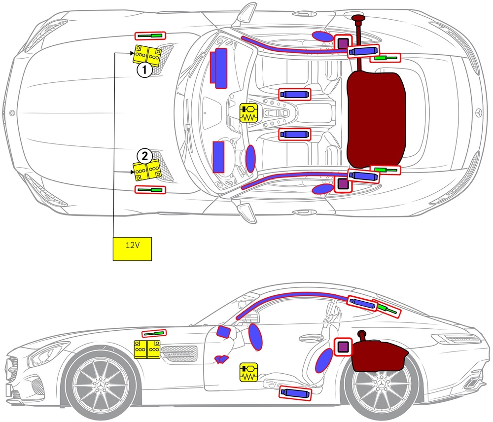 Line drawing of vehicle with markings of safety-relevant components and rescue points. 