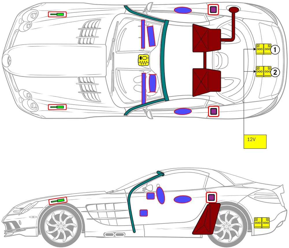 Line drawing of vehicle with markings of safety-relevant components and rescue points. 