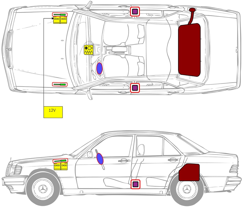 Line drawing of vehicle with markings of safety-relevant components and rescue points. 