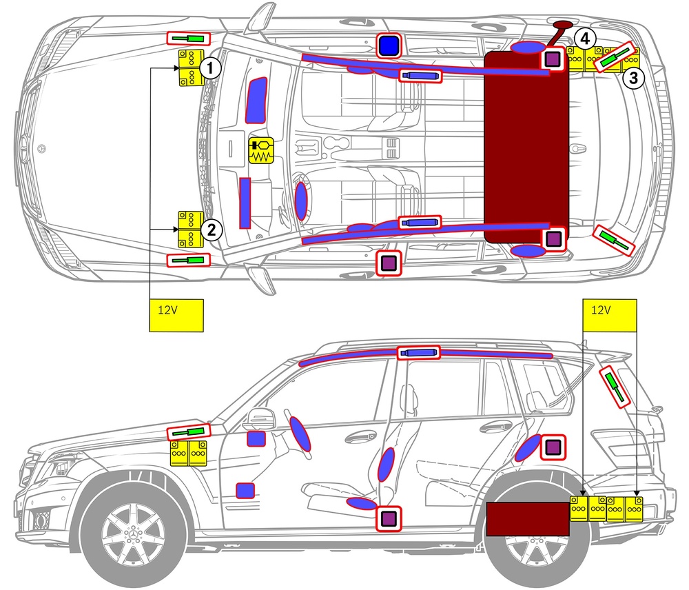 Line drawing of vehicle with markings of safety-relevant components and rescue points. 
