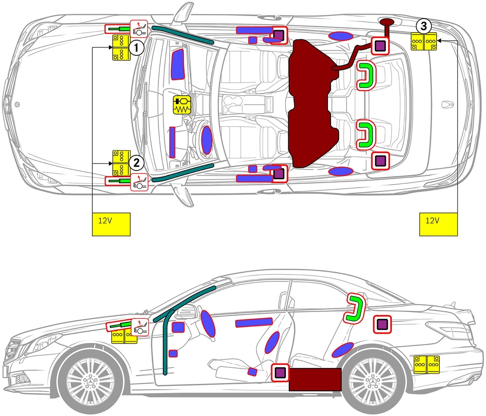 Line drawing of vehicle with markings of safety-relevant components and rescue points. 