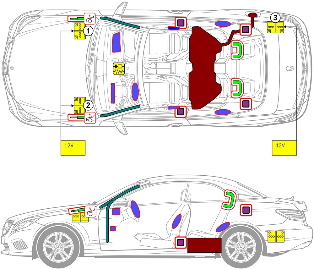 Line drawing of vehicle with markings of safety-relevant components and rescue points. 