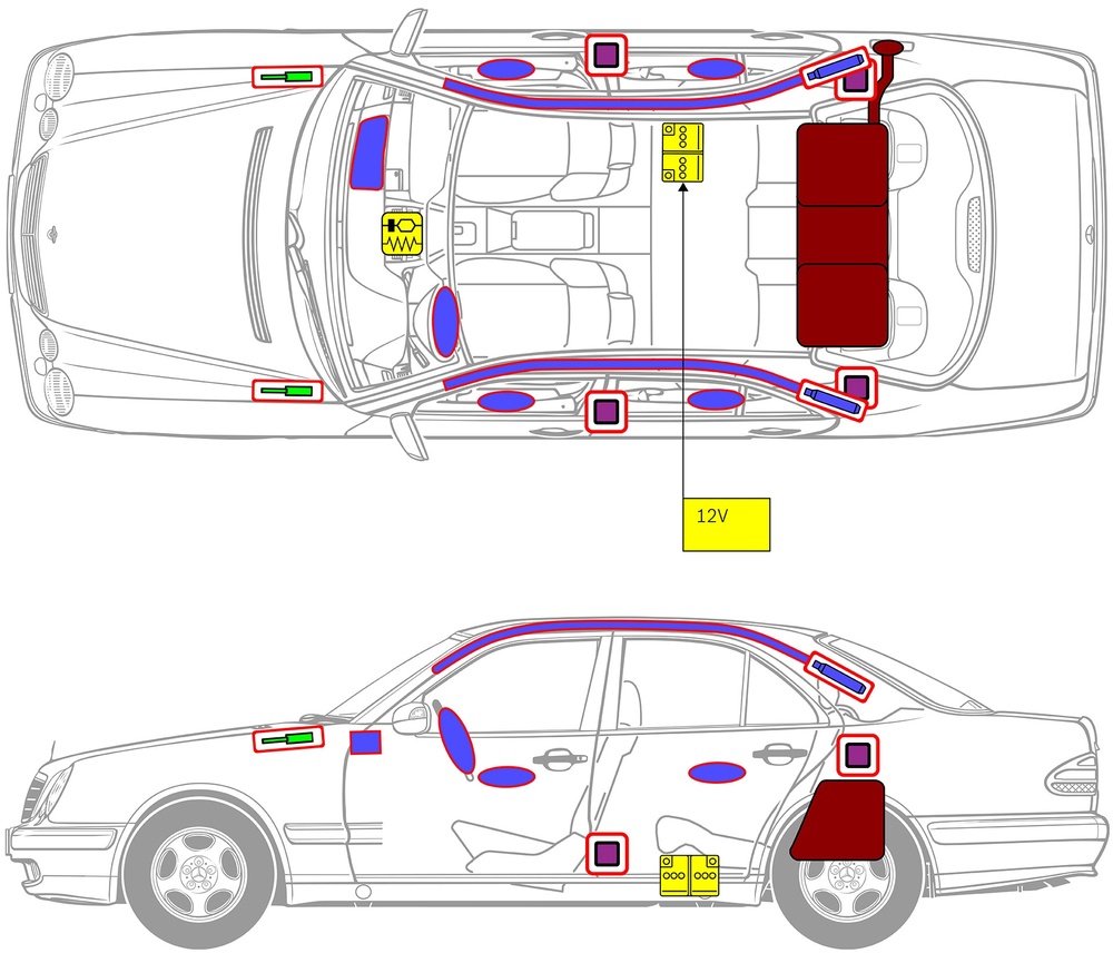 Line drawing of vehicle with markings of safety-relevant components and rescue points. 