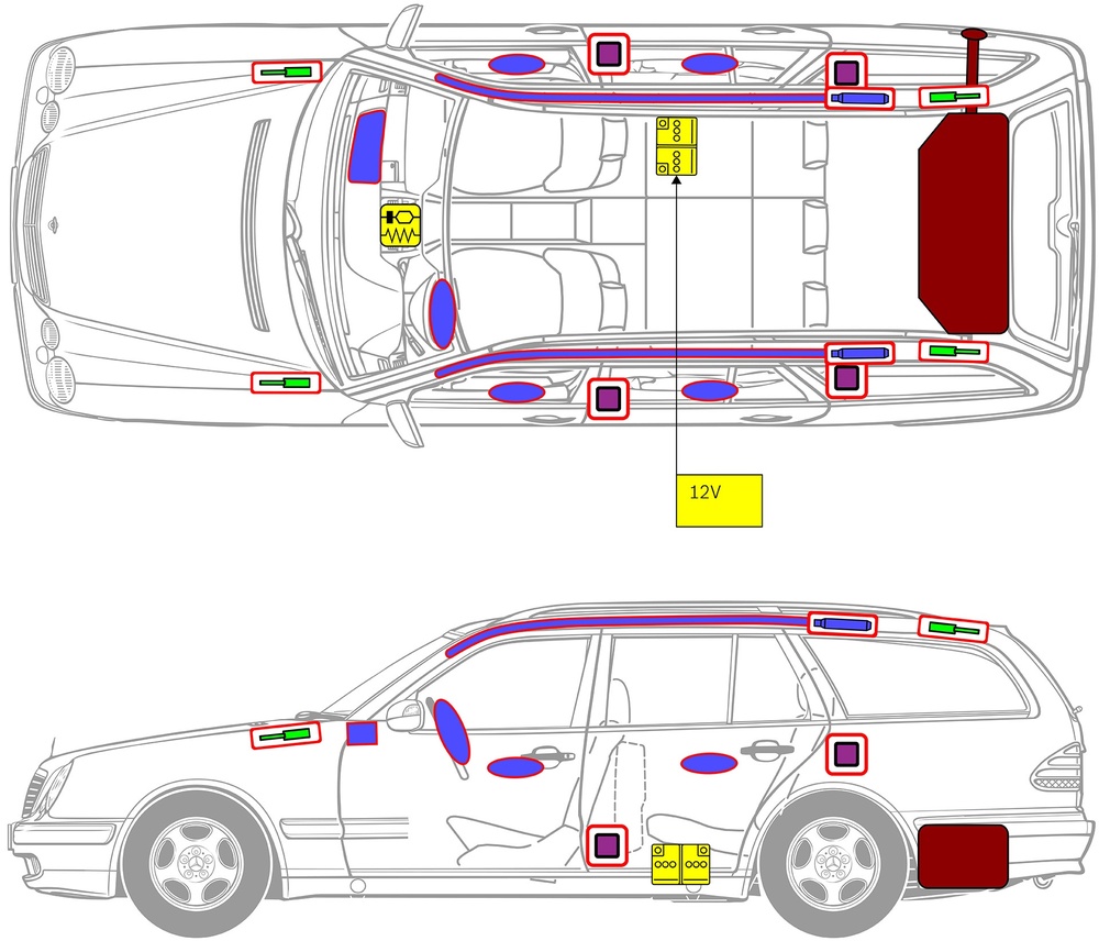 Line drawing of vehicle with markings of safety-relevant components and rescue points. 