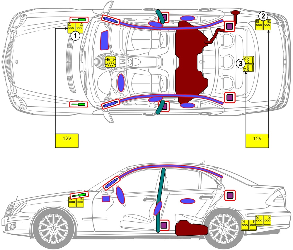 Line drawing of vehicle with markings of safety-relevant components and rescue points. 
