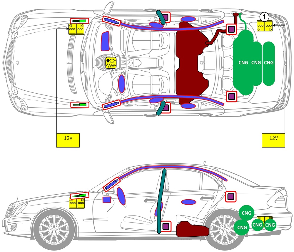 Line drawing of vehicle with markings of safety-relevant components and rescue points. 
