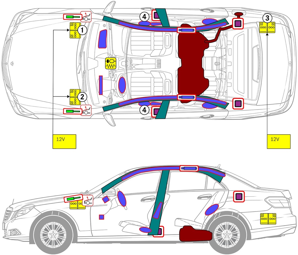 Line drawing of vehicle with markings of safety-relevant components and rescue points. 