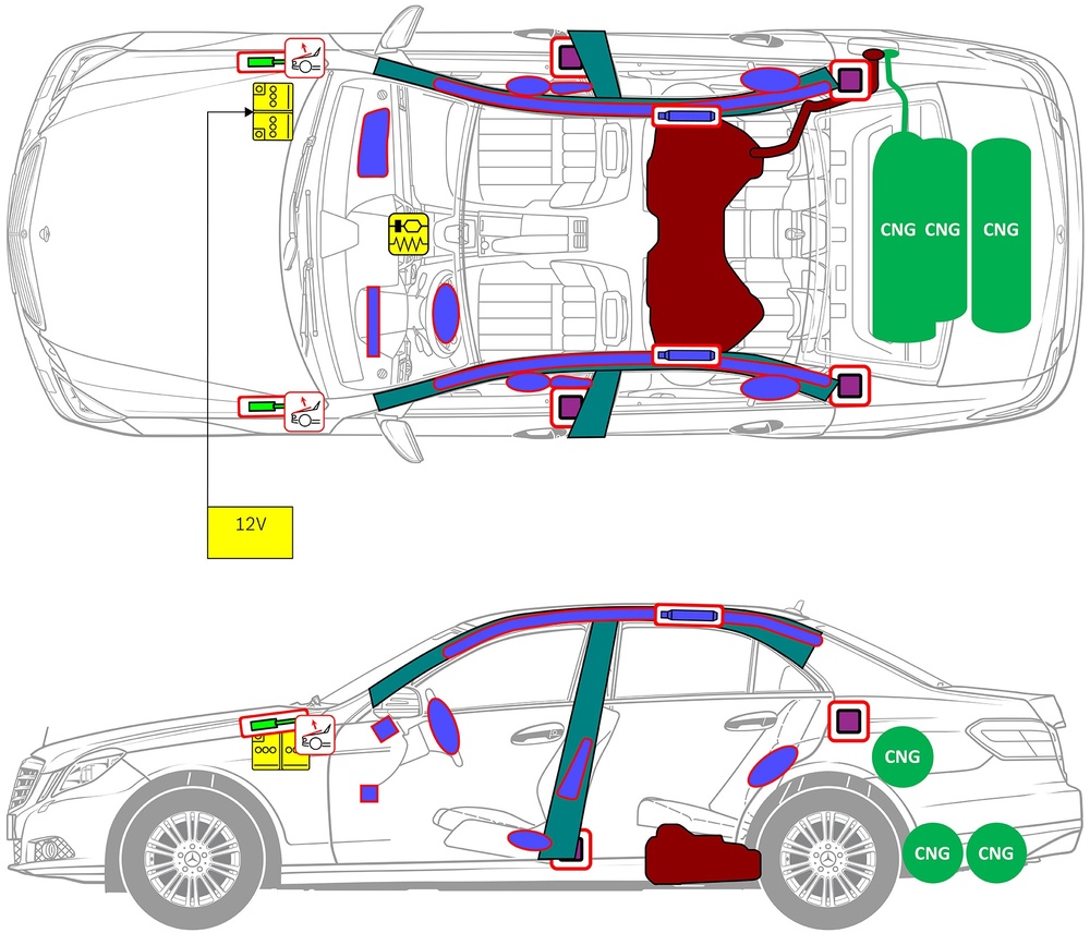 Line drawing of vehicle with markings of safety-relevant components and rescue points. 