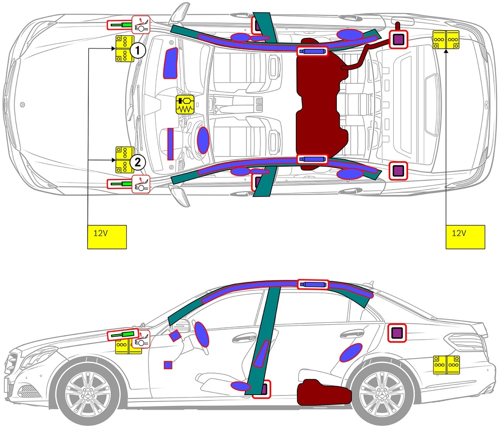 Line drawing of vehicle with markings of safety-relevant components and rescue points. 
