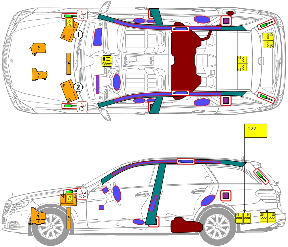 Line drawing of vehicle with markings of safety-relevant components and rescue points. 