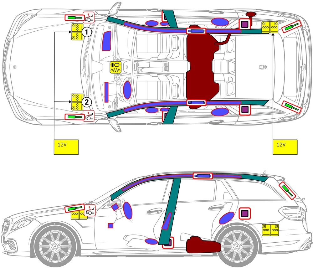 Line drawing of vehicle with markings of safety-relevant components and rescue points. 