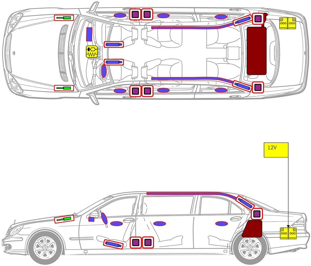 Line drawing of vehicle with markings of safety-relevant components and rescue points. 