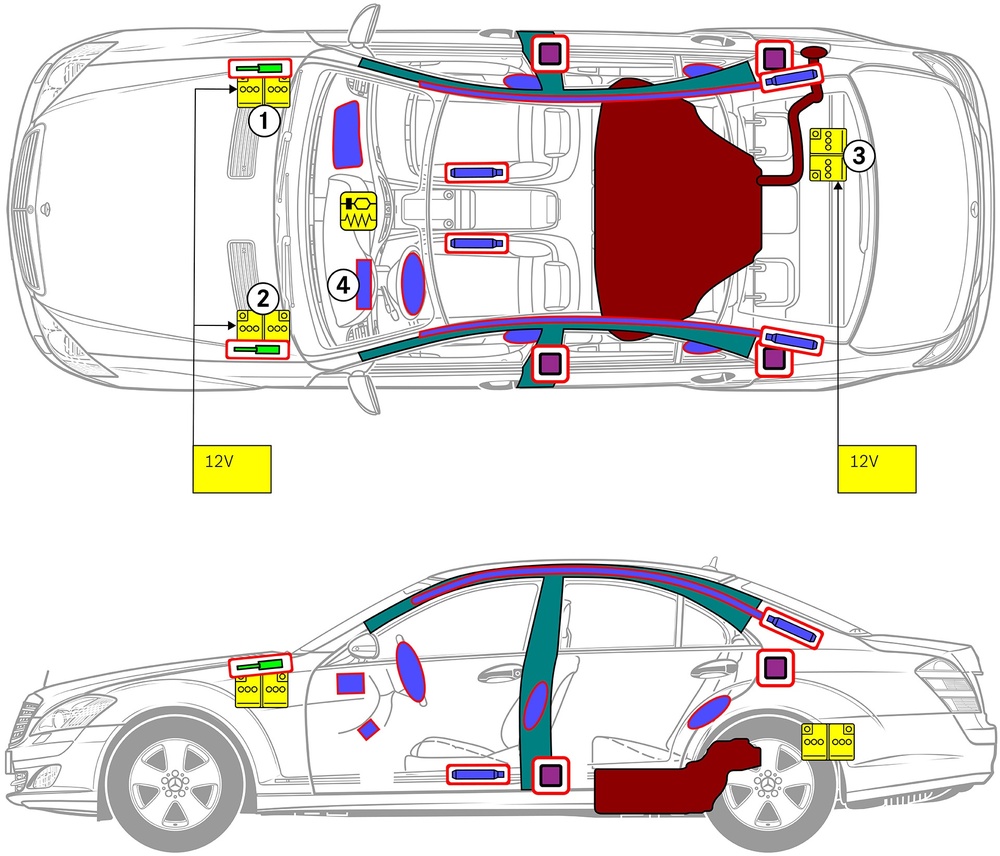 Line drawing of vehicle with markings of safety-relevant components and rescue points. 