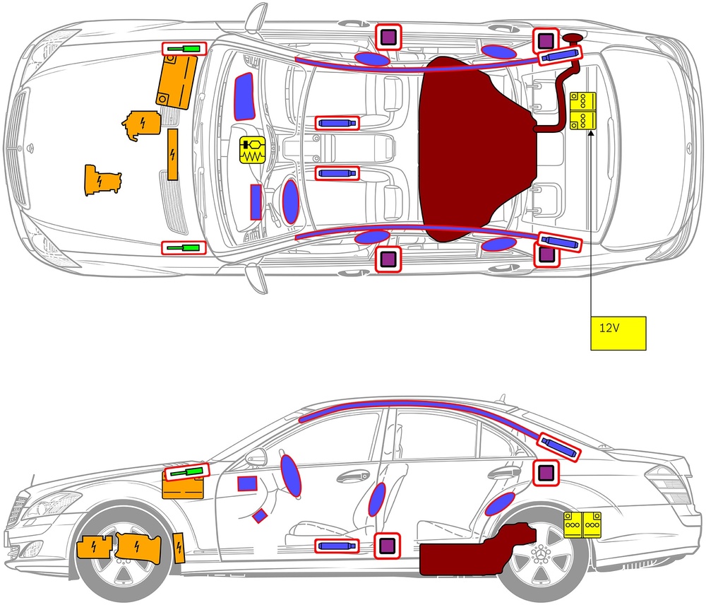 Line drawing of vehicle with markings of safety-relevant components and rescue points. 