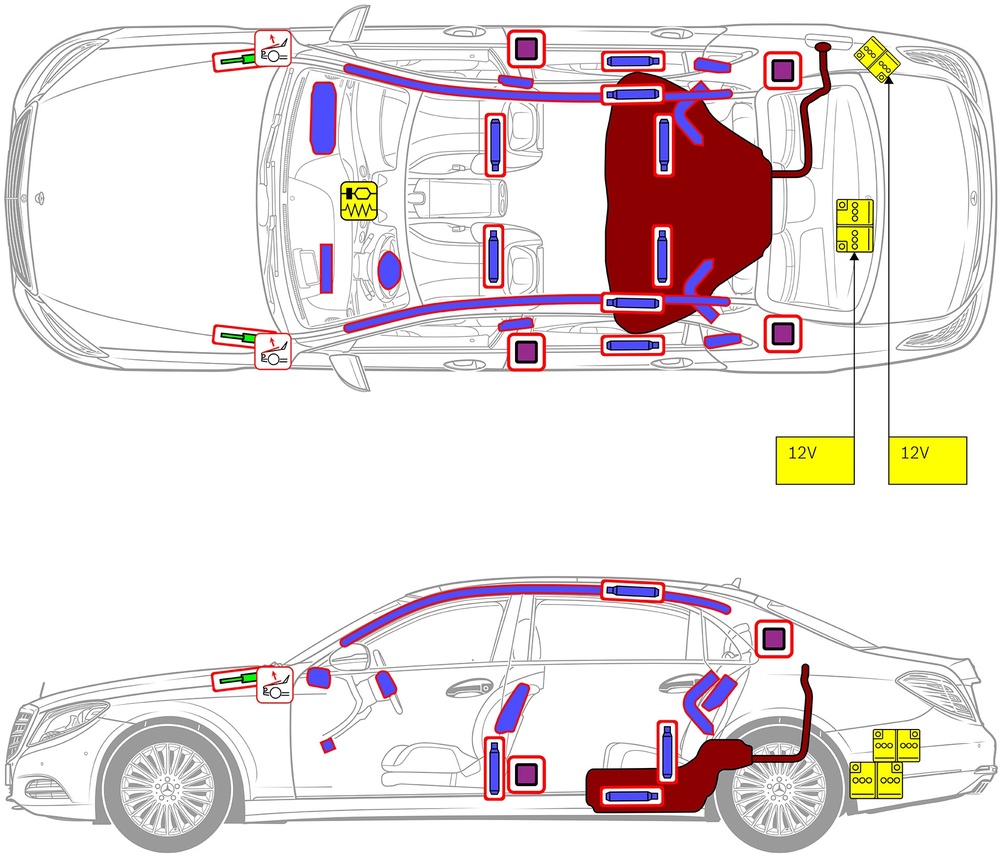 Line drawing of vehicle with markings of safety-relevant components and rescue points. 