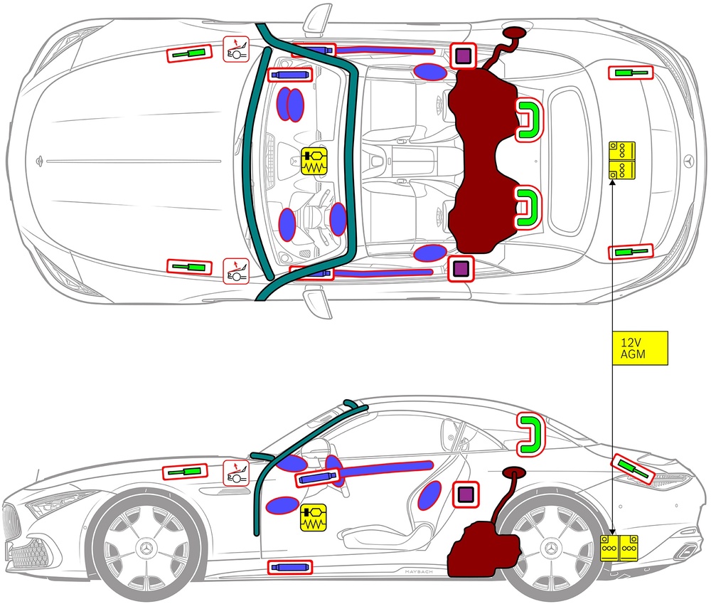 Line drawing of vehicle with markings of safety-relevant components and rescue points. 