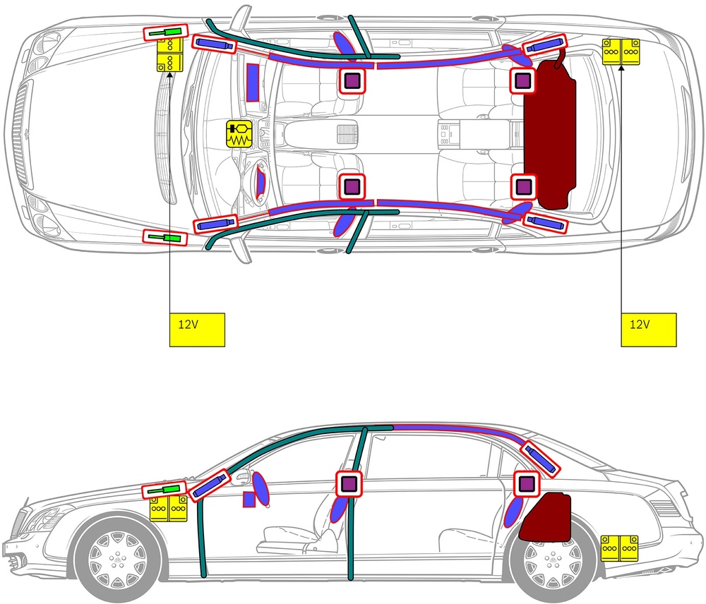 Line drawing of vehicle with markings of safety-relevant components and rescue points. 
