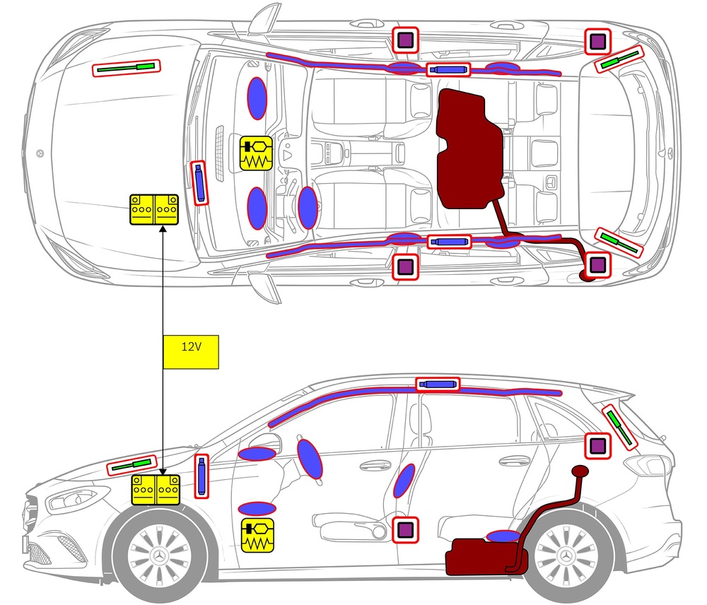 Line drawing of vehicle with markings of safety-relevant components and rescue points. 