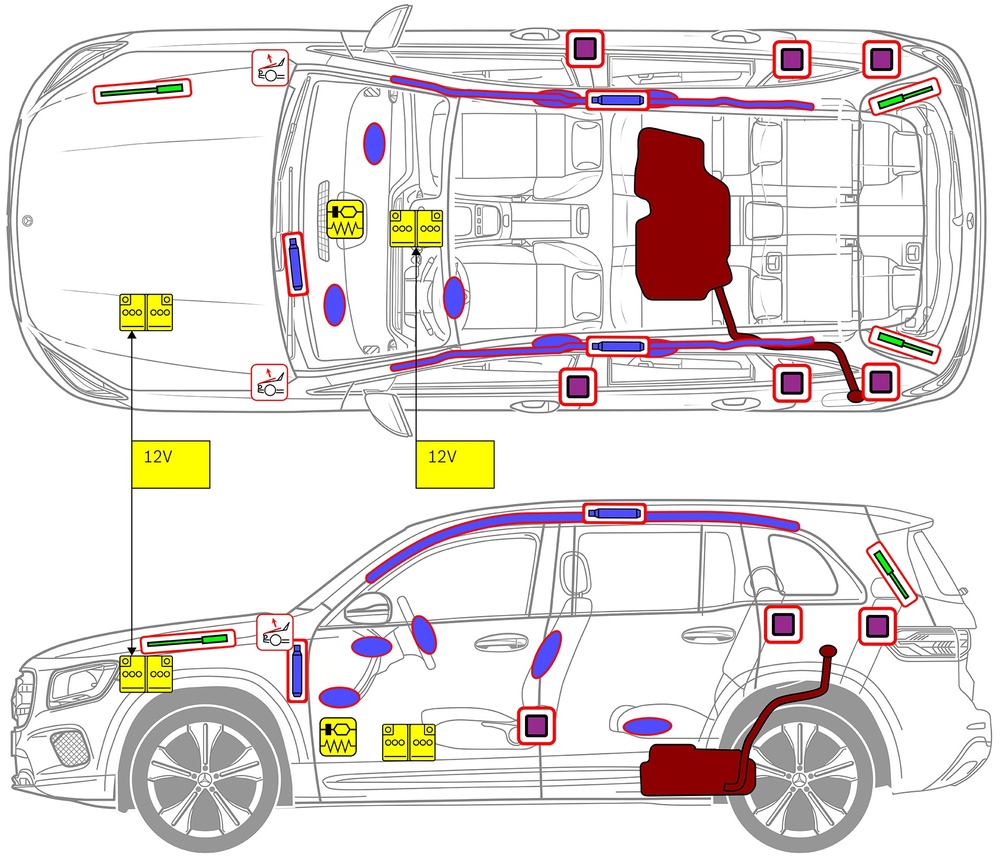 Line drawing of vehicle with markings of safety-relevant components and rescue points. 