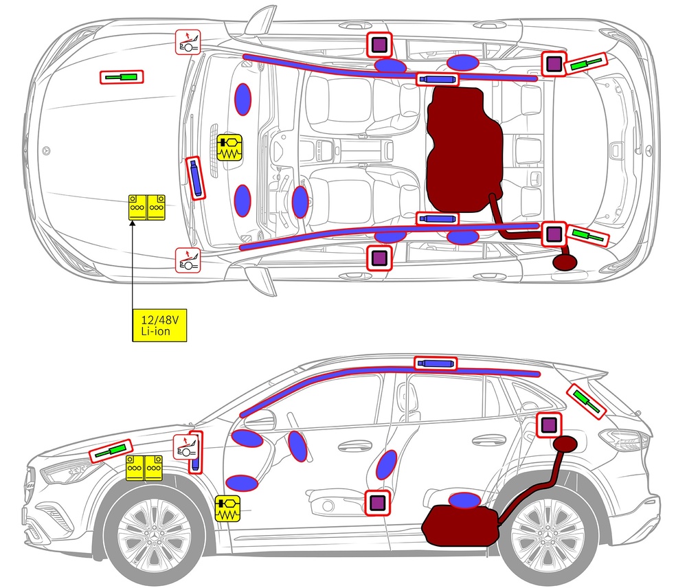 Line drawing of vehicle with markings of safety-relevant components and rescue points. 