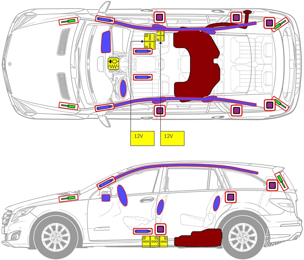 Line drawing of vehicle with markings of safety-relevant components and rescue points. 