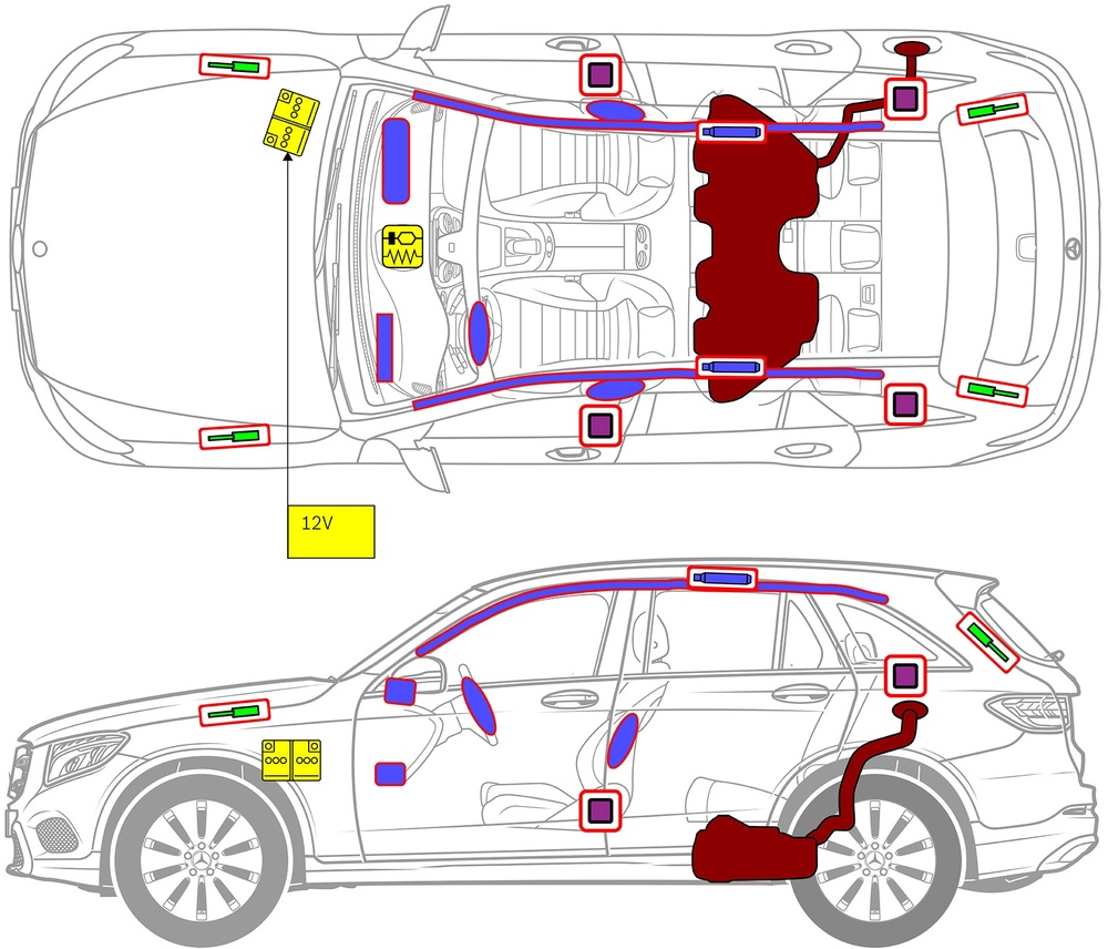 Line drawing of vehicle with markings of safety-relevant components and rescue points. 