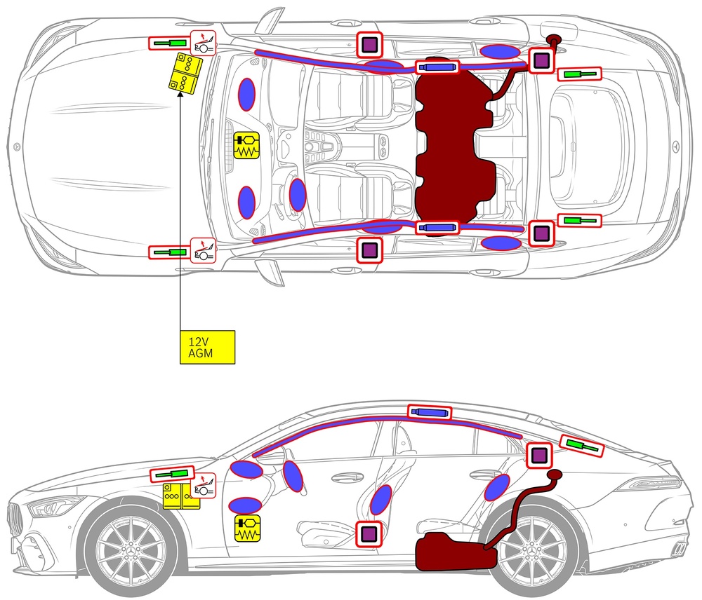 Line drawing of vehicle with markings of safety-relevant components and rescue points. 