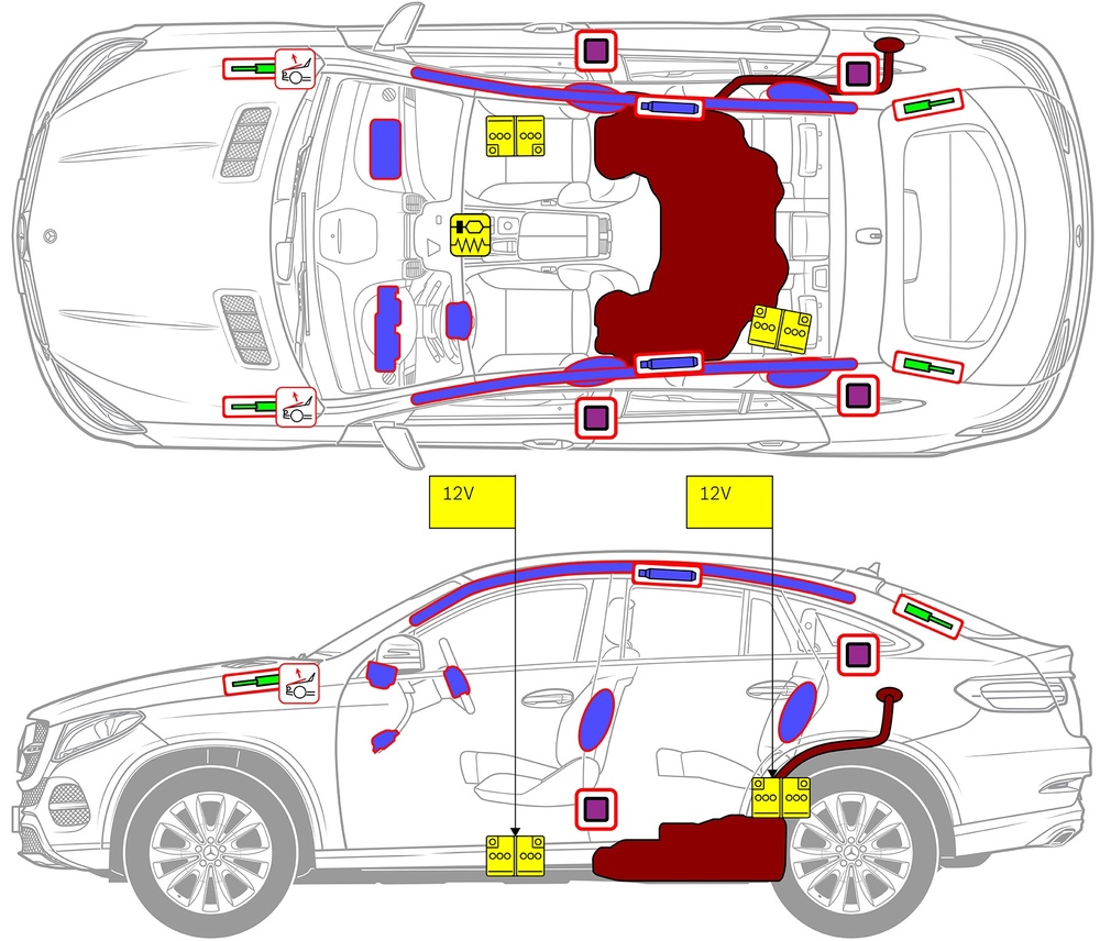 Line drawing of vehicle with markings of safety-relevant components and rescue points. 